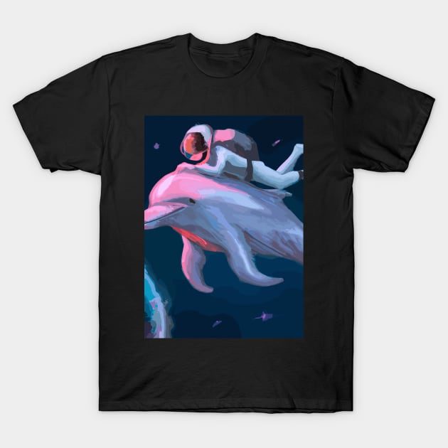 Astronaut riding on a Dolphin in Space T-Shirt by maxcode